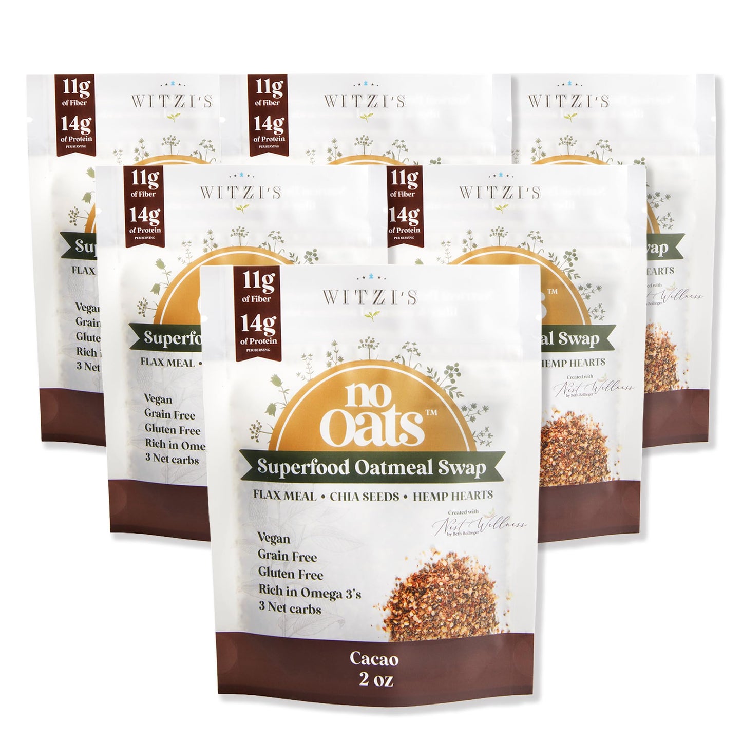Witzi's No Oats Oatmeal Alternative, Cacao, 2oz (Pack of 6), Made with Chia Seeds, Cinnamon & Chocolate, Grain Free, Gluten Free