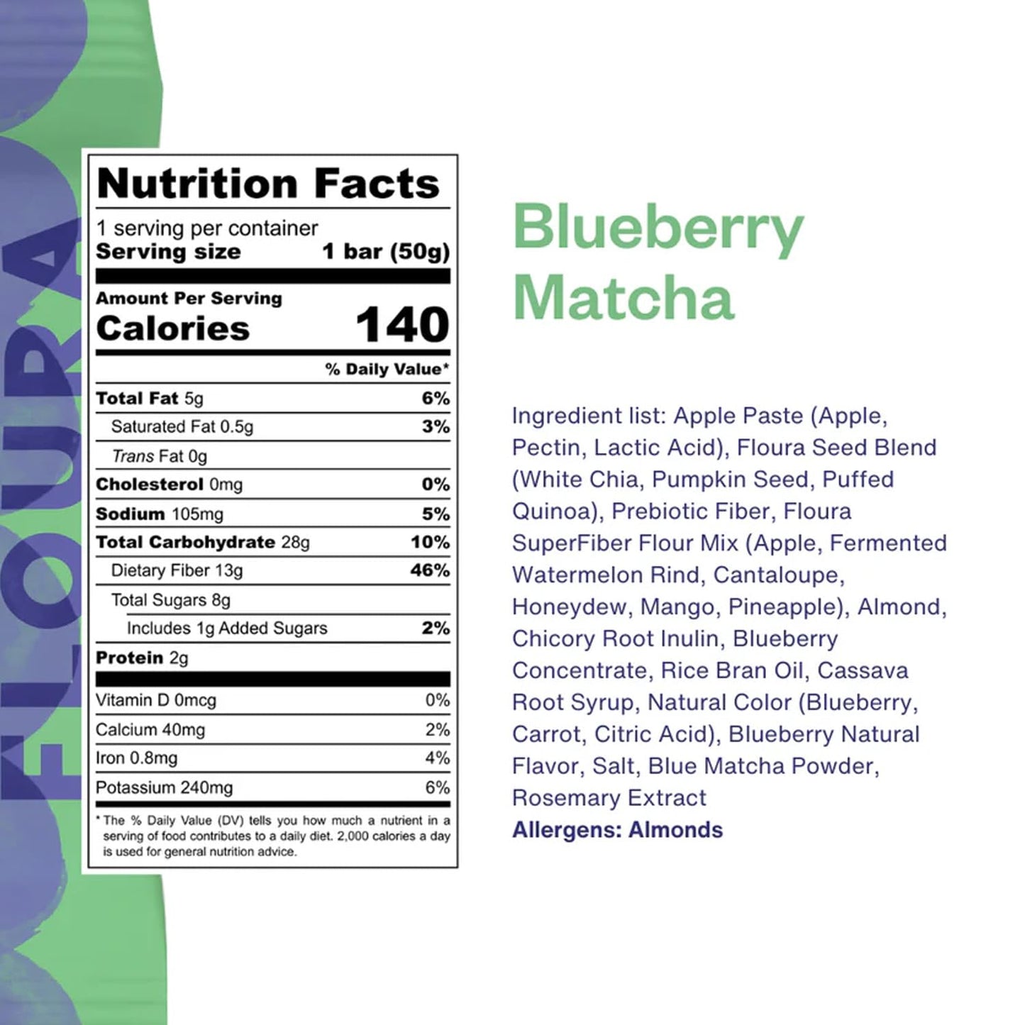 Floura Blueberry Matcha Fruit-Forward Fiber Bars- High Fiber, Vegan, Gluten & Dairy Free, Low Calorie Healthy Snack Bars with Up