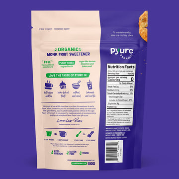Pyure Organic Monk Fruit Sweetener | Granulated White Sugar Substitute | Zero Carb, Zero Sugar, Zero Calorie | Plant-Based Monk