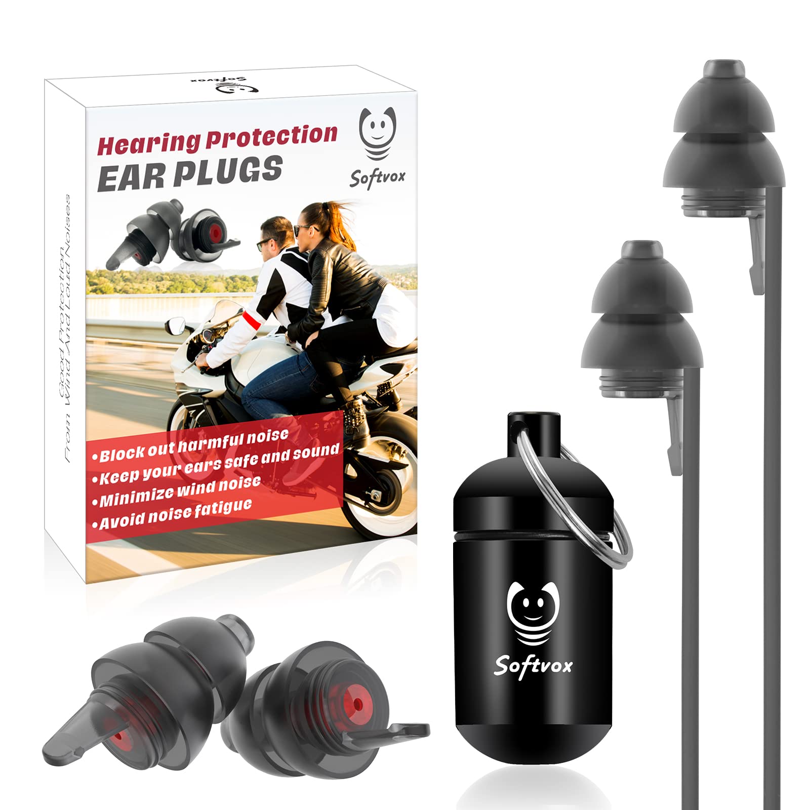 Softvox Motorcycle Earplugs With Detachable Cord [2 Pairs], Wind Noise Reduction & Audible Hearing Protection Reusable Ear Plugs