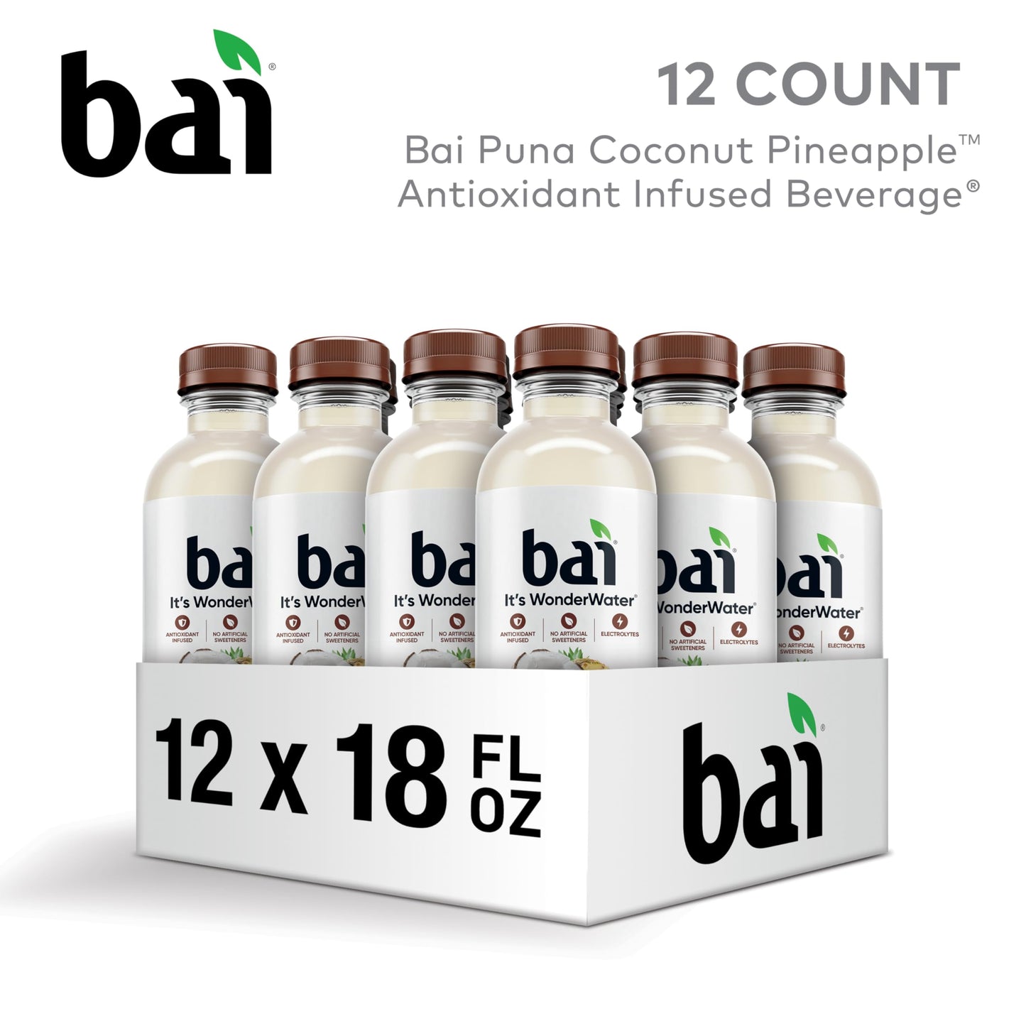 Bai Antioxidant Infused Water, Puna Coconut Pineapple, 12 Pack, with Vitamin C, No Artificial Sweeteners, 18 Fl Oz Bottles