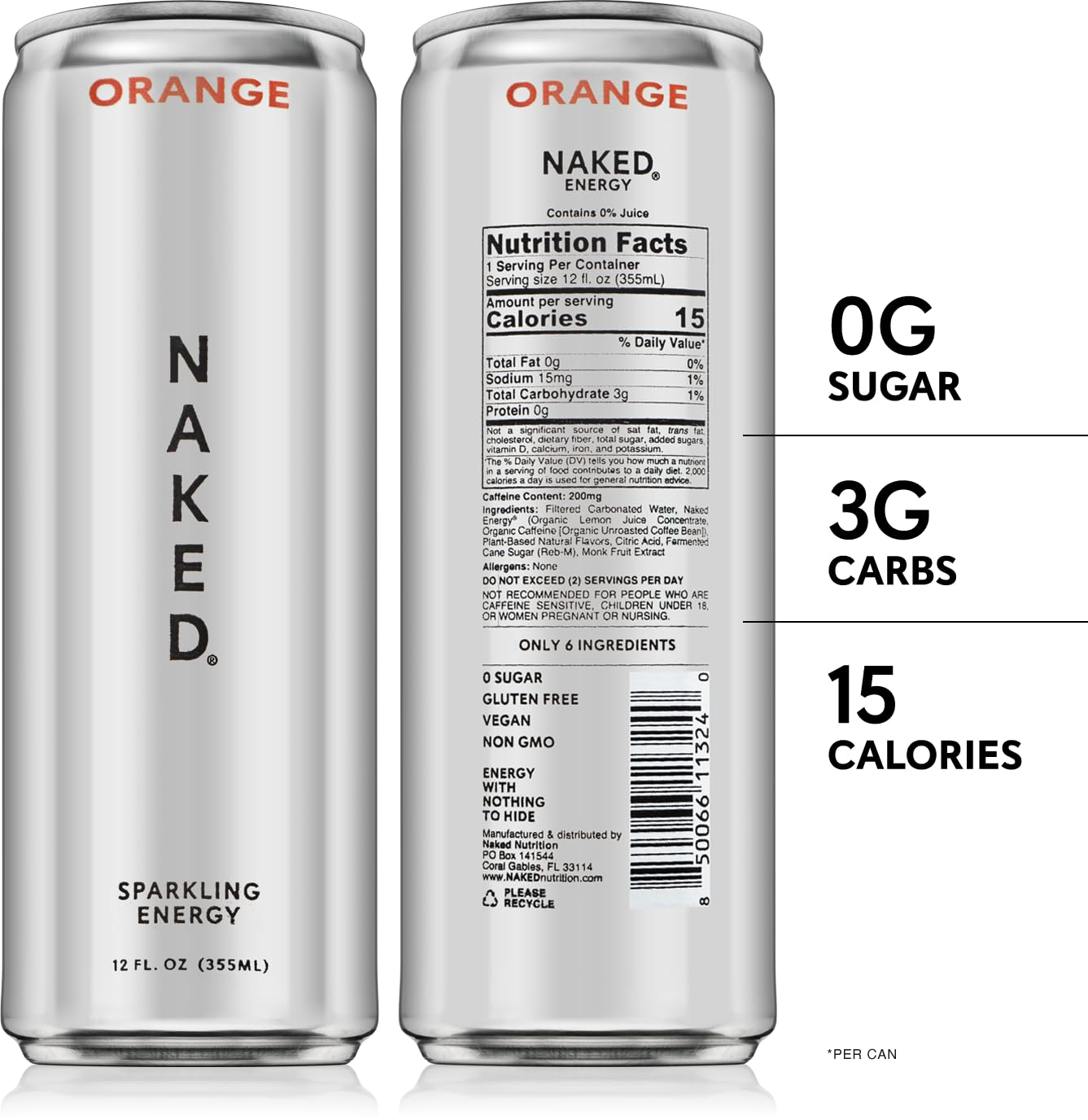 Naked Sparkling Energy Drink - Orange  Organic Caffeine  Organic Lemon Juice  Zero Sugar  No Sucralose  Naturally Sweetened  Natural Energy Drinks  Vegan  Gluten-Free  Non-GMO - 12oz Cans (Pack of 12)