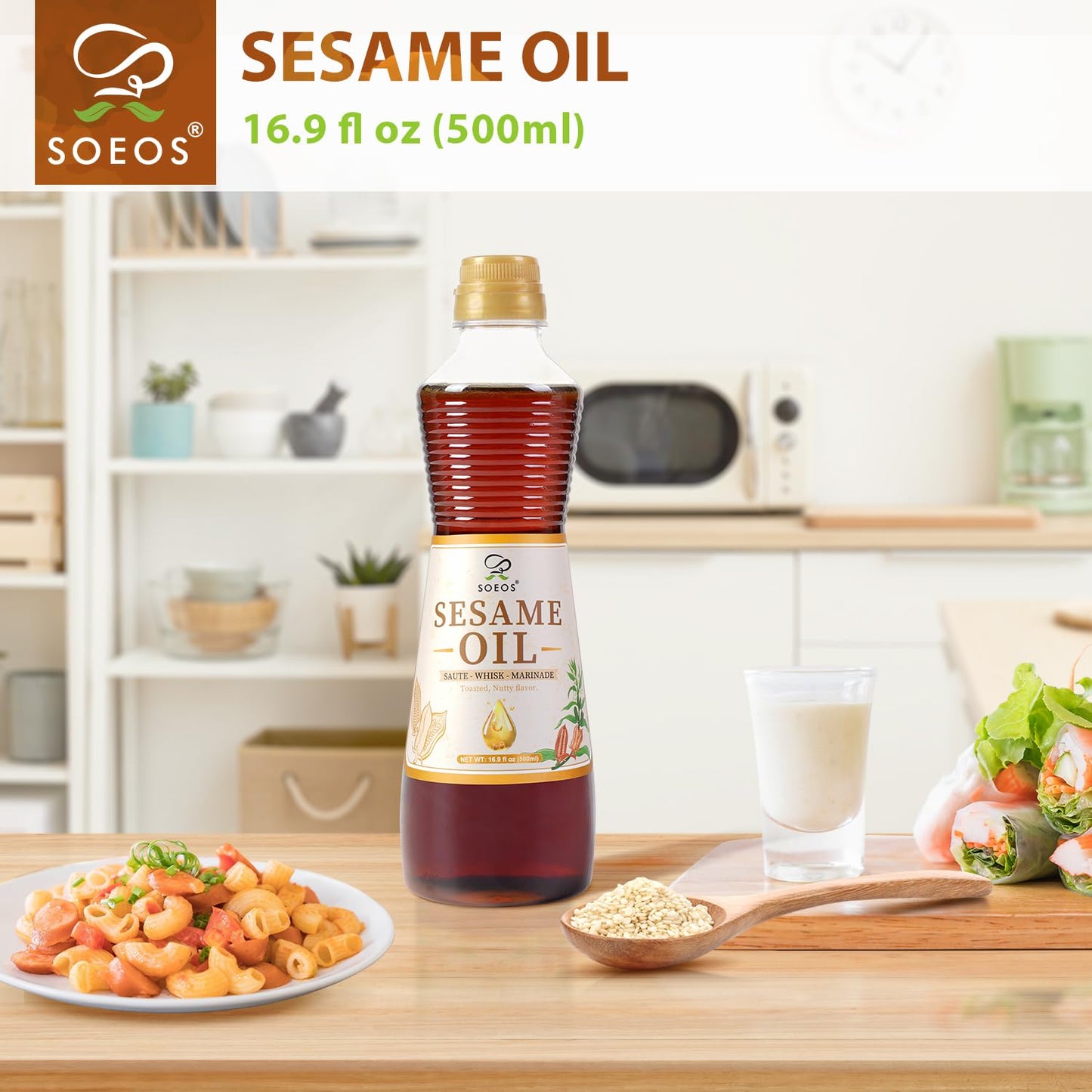 Soeos Sesame Oil, Toasted Sesame Seed Oil, 16.9 Fl Oz (500 Ml), Nutty Flavor, Perfect For Asian Food, Noodles, Soup, Baking, And