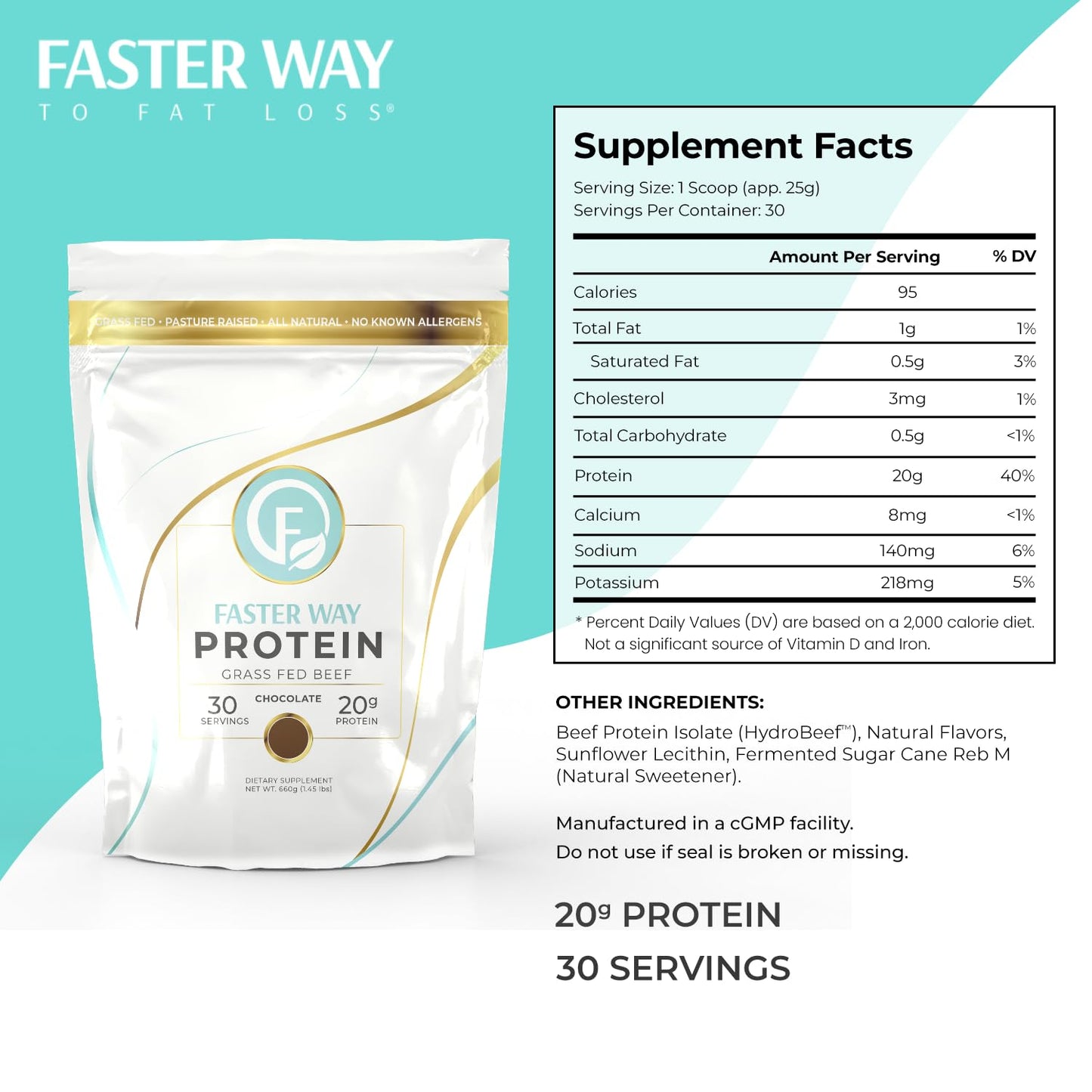Faster Way - Protein Powder - Hydrolyzed Grass Fed Beef - 20g of Protein Per Serving - Muscle Growth & Recovery - 9 Essential Am