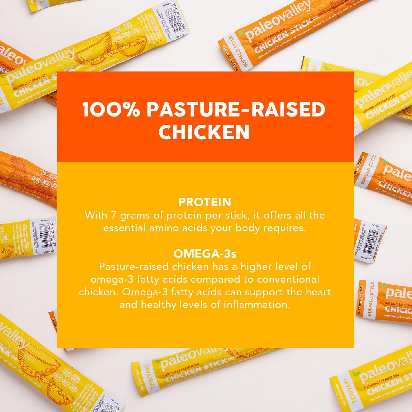 Paleovalley Pasture-Raised Chicken Sticks - 10 Pack - 7g Protein per Stick - Keto-Friendly  Paleo  Gluten-Free  Nitrate-Free - On-the-Go Snack (10 Pack  Teriyaki)