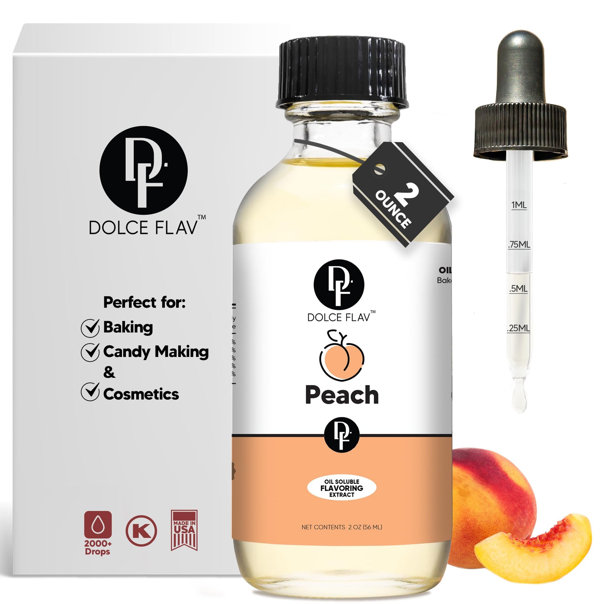 Dolce Flav Peach Extract, 2 Oz Oil-Soluble Flavoring for Baking & Desserts, Kosher, Sugar-Free, Includes Measured Dropper