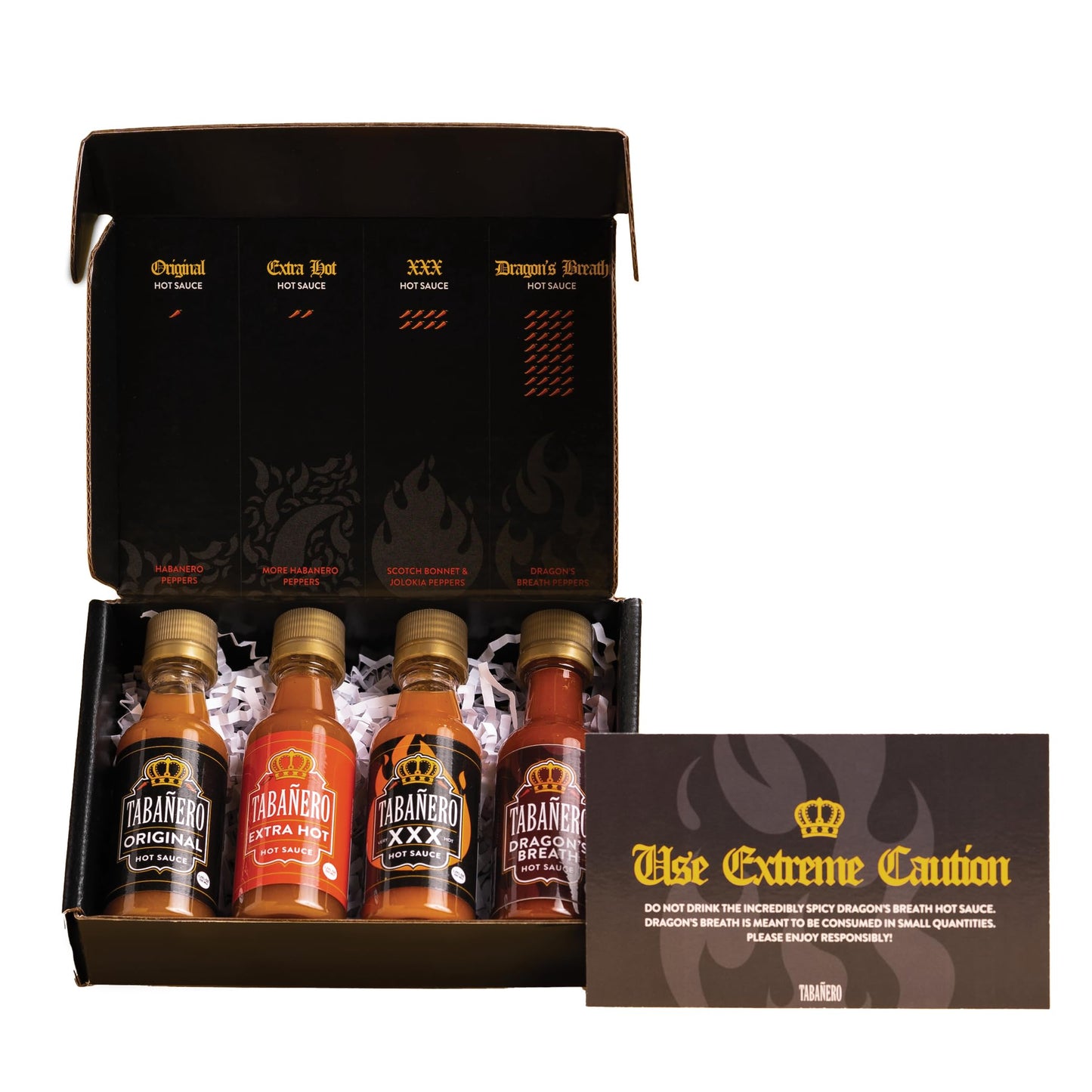 Tabanero Mini Hot Sauce Challenge Box - Original, Extra Hot, XXX Hot & Dragon’s Breath, 4-Pack, 1.7 oz Bottles, Gluten Free, Vegan