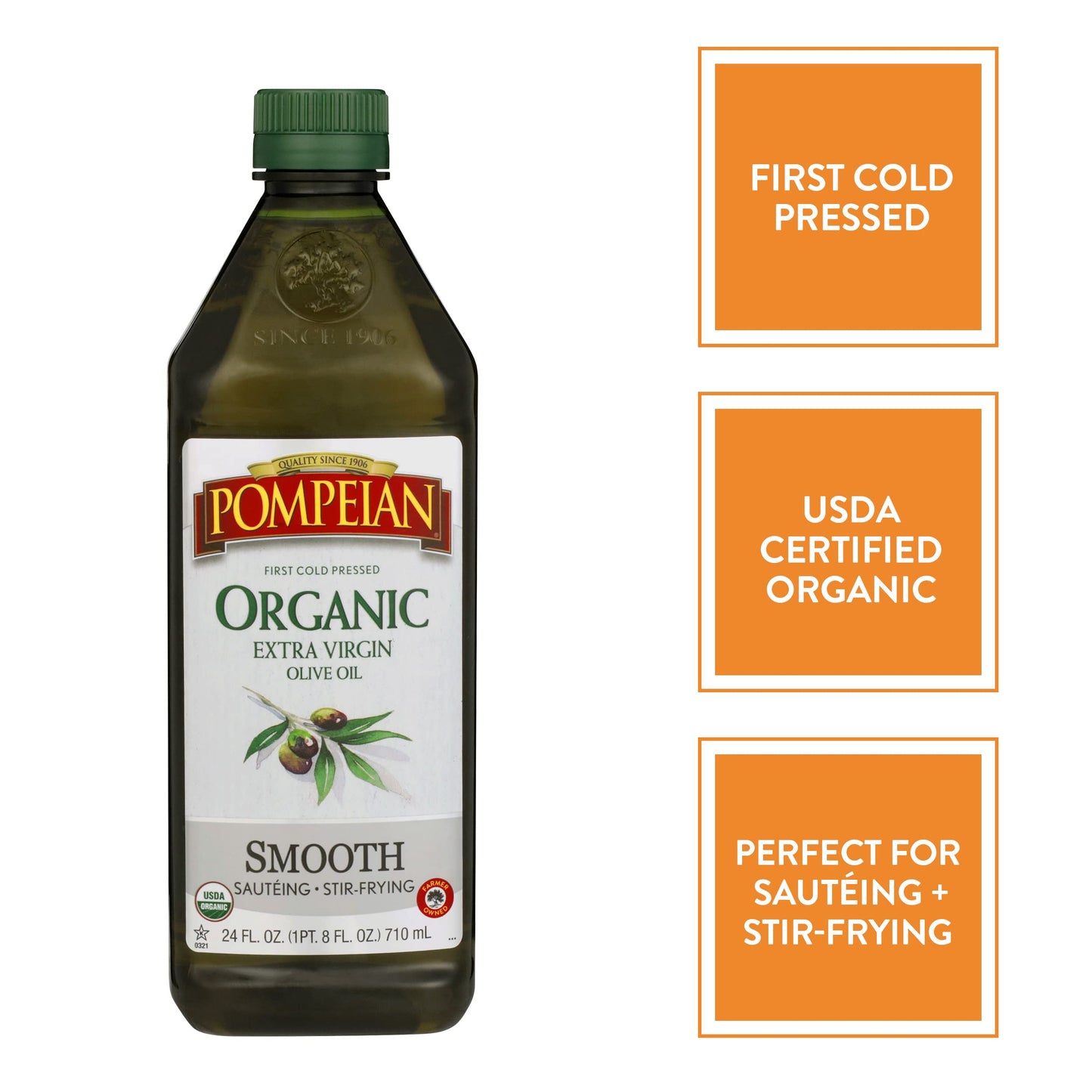 Pompeian USDA Organic Smooth Extra Virgin Olive Oil, First Cold Pressed, Smooth, Delicate Flavor, Perfect for Saut  ing & Stir-F