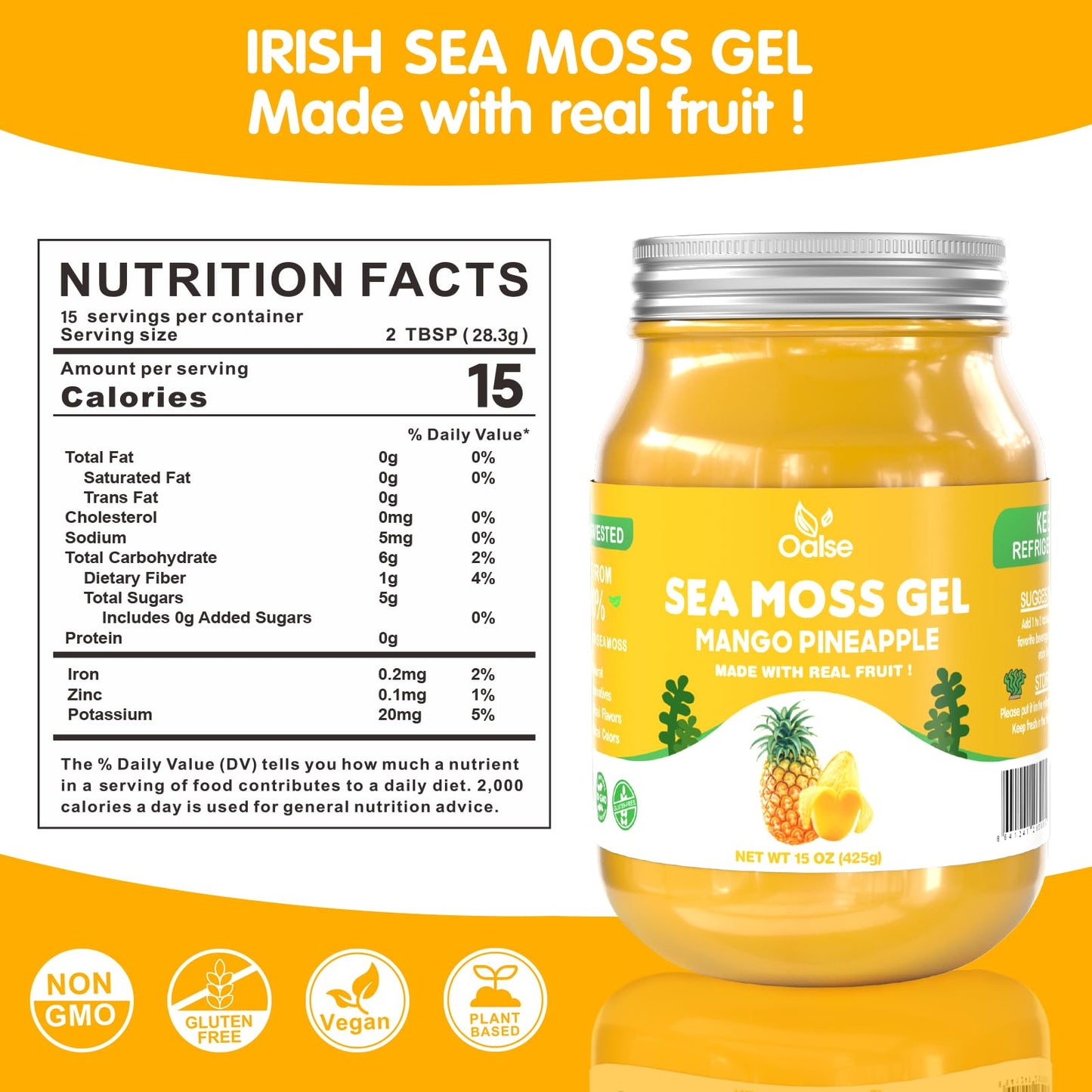 OALSE Sea Moss Gel - Mango Pineapple Flavor, Non-GMO, Gluten-Free, Vegan - 15 OZ, Yellow