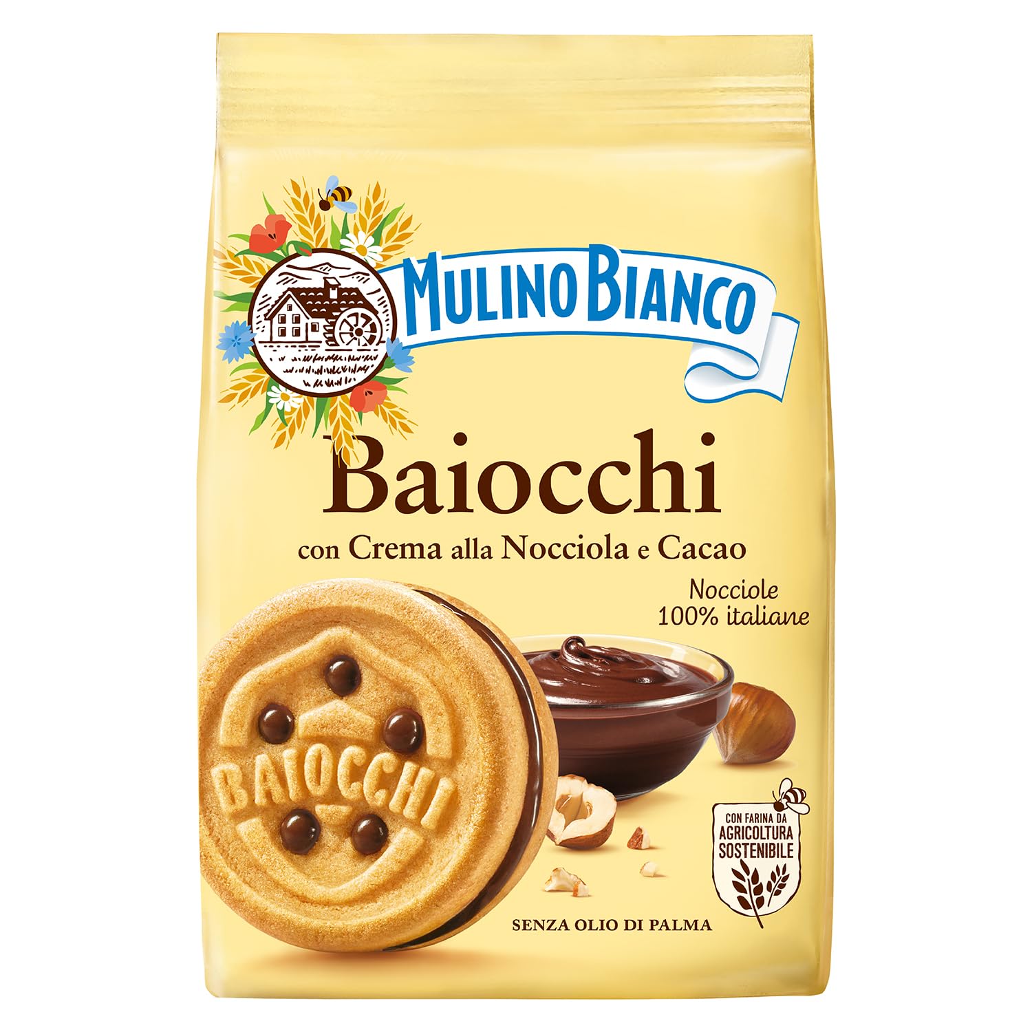 Mulino Bianco Baiocchi 9.17oz (260g) - Italys #1 Cookie Made with Natural Ingredients - Authentic Italian Biscuits Filled with Chocolate Hazelnut Cream - Perfect with Coffee or Tea
