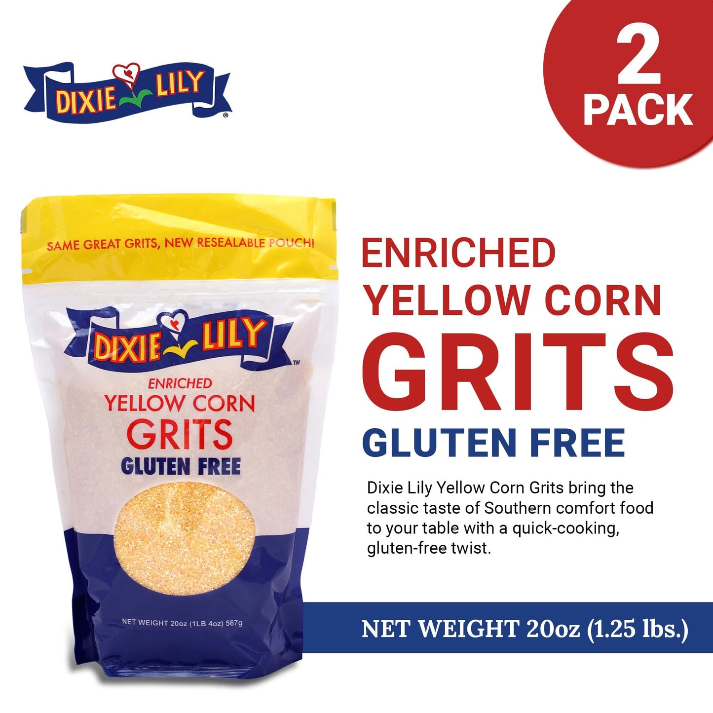 Dixie Lily Yellow Grits - 2 x 20 oz Packs with Recipe Card, Corn Grits, Gluten-Free