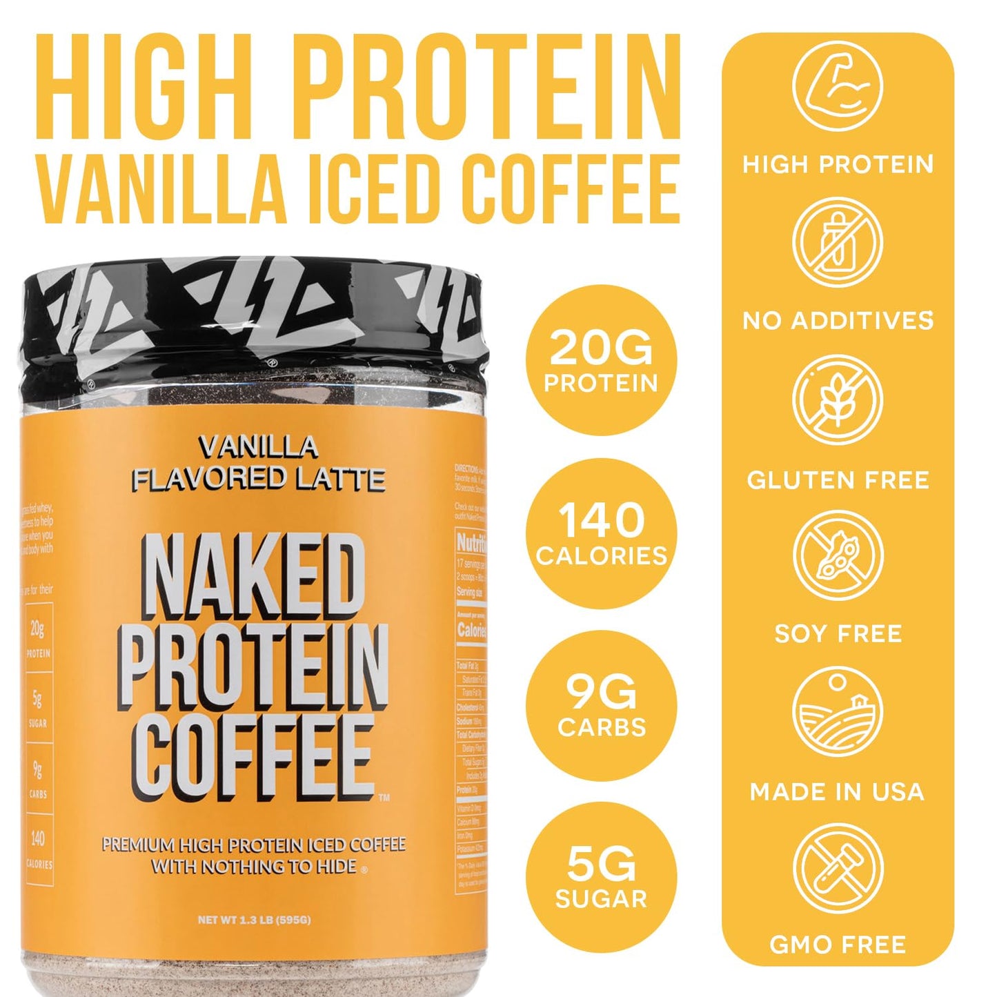 Naked Nutrition Vanilla Latte Protein Coffee - Instant Protein Shake, 17 Servings, Keto Friendly, Gluten Free