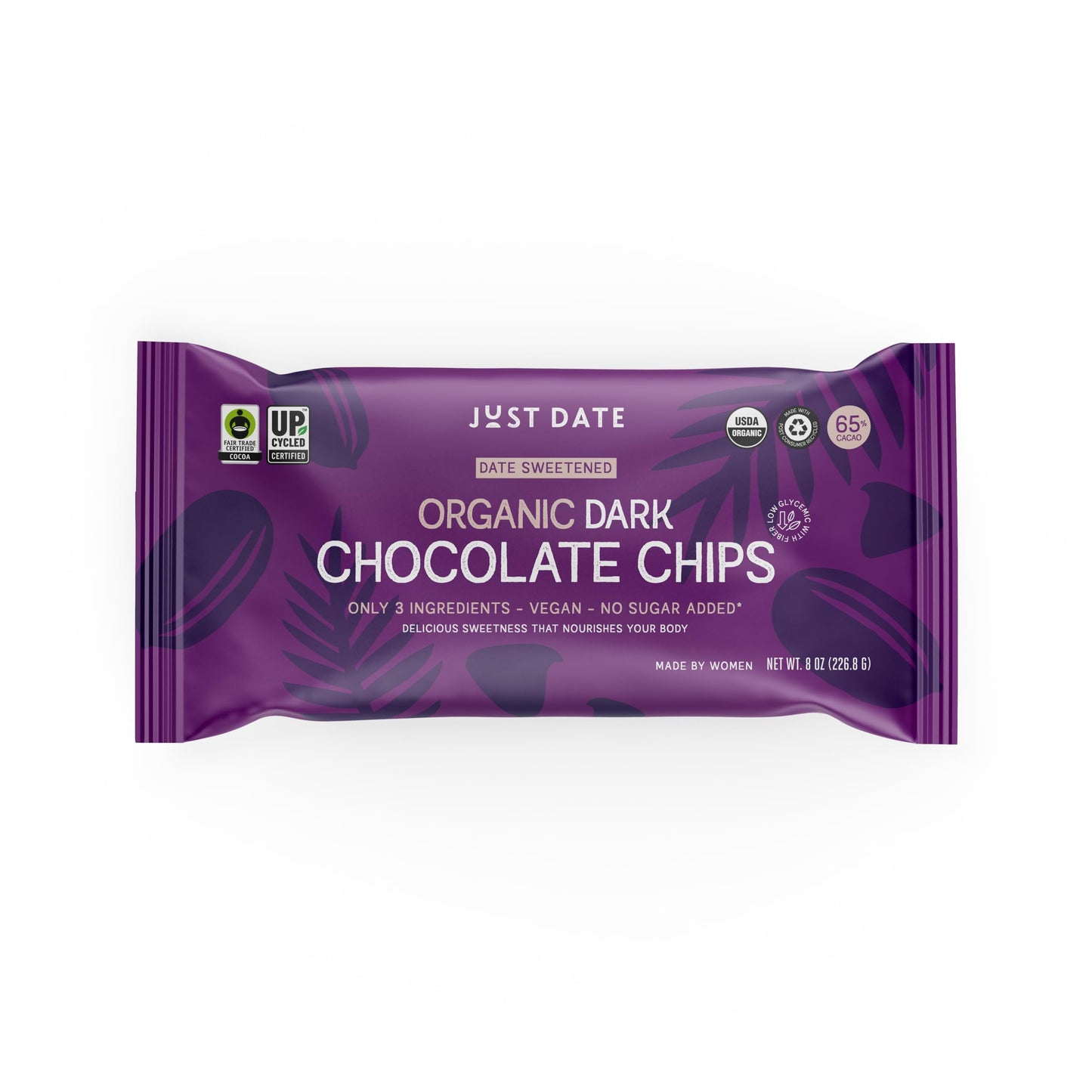 Just Date Organic Date Sweetened Dark Chocolate Chips / 65% Cacao / Vegan / No Sugar Added / Only 3 Ingredients / Low Glycemic I