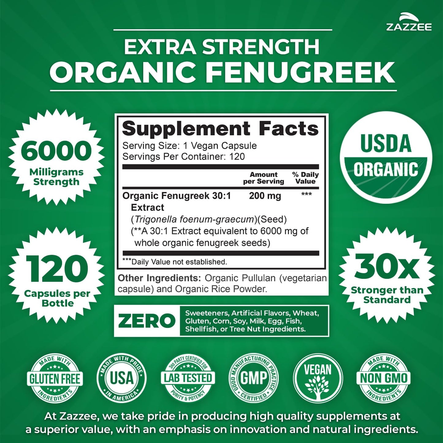 Zazzee Organic Fenugreek 30:1 Extract 6000 mg - 120 Vegan compact pieces, Non-GMO, 4 Month Supply