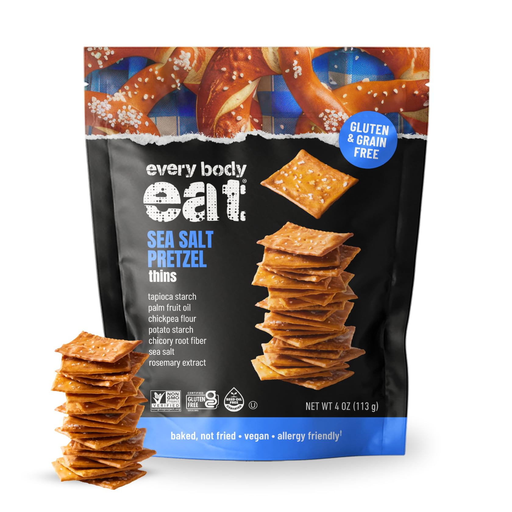 Every Body Eat Snack Pretzel Thins, Gluten Free, Vegan, Seed Oil Free and Grain Free (6 Count, Pretzel)