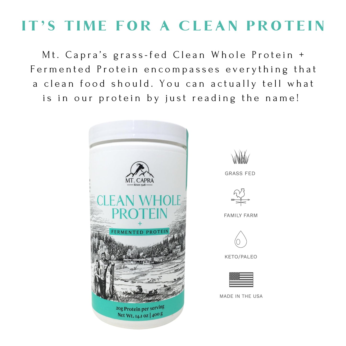 Mt. Capra Clean Whole Protein + Fermented Protein | Easy to Digest Whey and Casein Protein from Grass-Fed Goats | 20 g Protein p