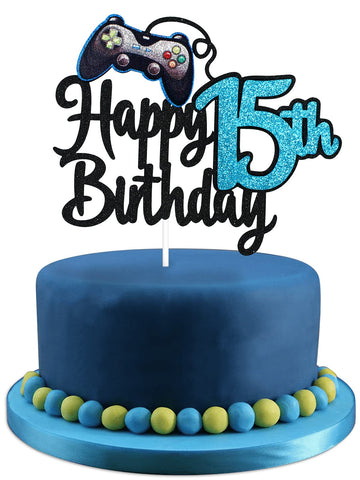 Video Game Happy 15Th Birthday Cake Topper - Video Game Boy'S 15Th Birthday Party Blue Cake Supplies - Game On Level Up Winner P