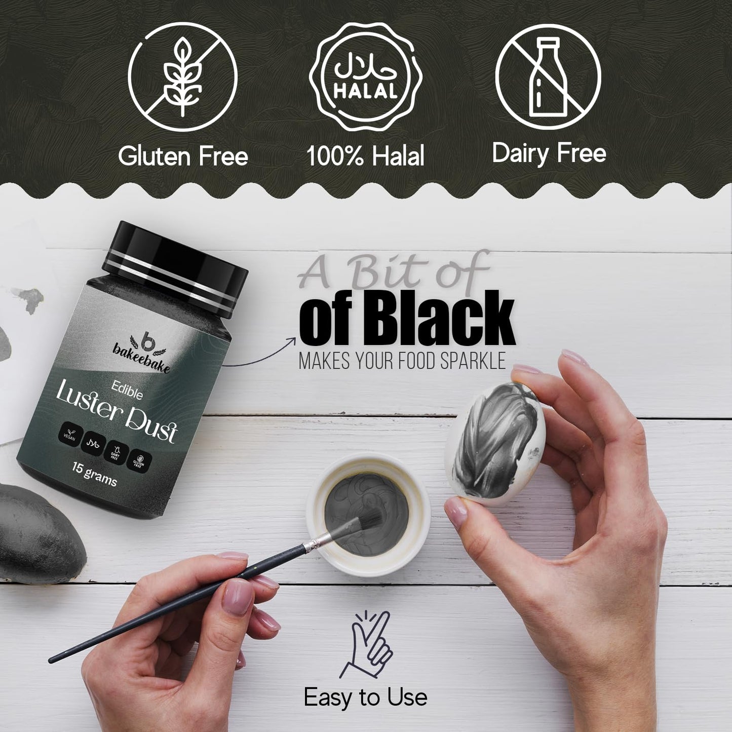 Bakeebake Luster Dust Edible 15G - Edible Glitter For Drinks & Desserts - Gluten Free Edible Black Dust For Cake Decorating - Ta
