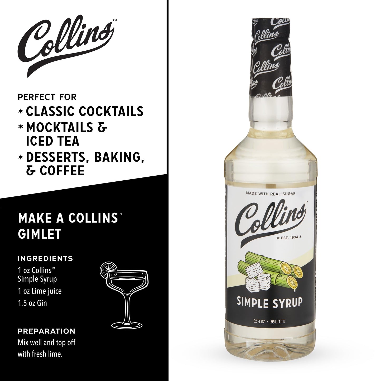 Collins Classic Simple Syrup, Real Sugar Cocktail Mixer, 32 Ounces, Set of 1