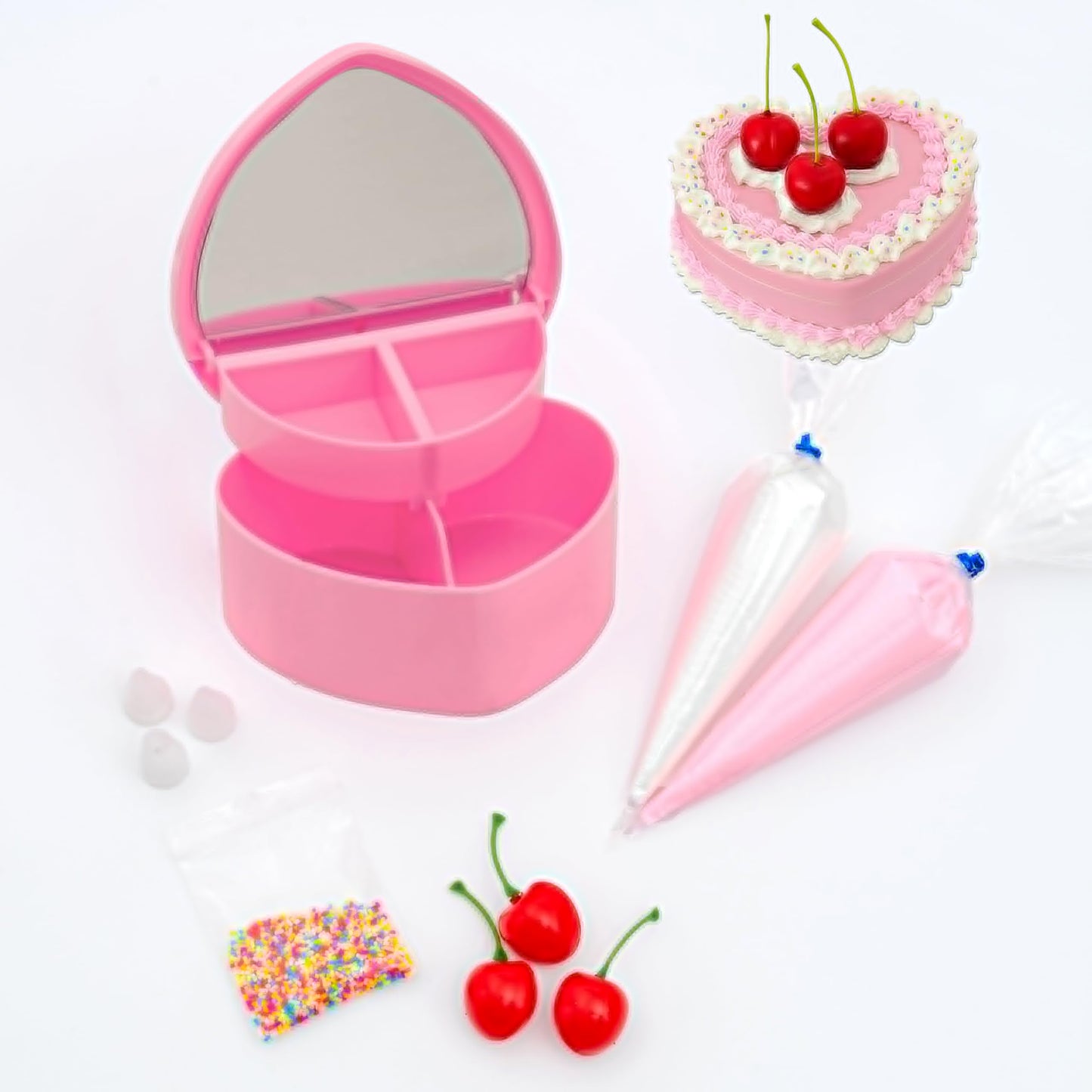Decoden Inspired Design Cake Kit  Decorate A Heart Shaped Inspired Design Cake Jewelry Box Cream  Inspired Design Whipped Cream Glue  Cherries  Sprinkles & Craft Supplies  Inspired Design Cake Decor (Pink)