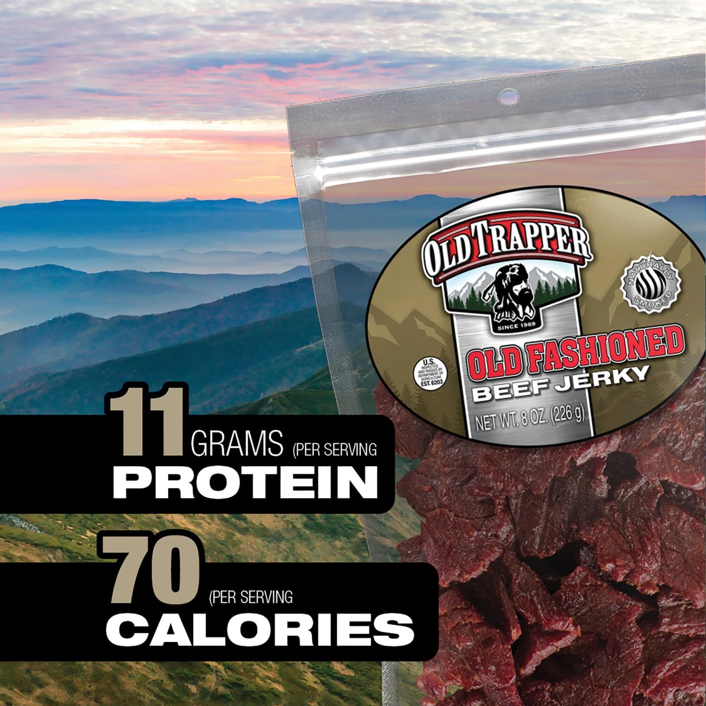 Old Trapper Beef Jerky, Old-Fashioned 8-Ounce Bag, Tender Meat Snacks For Lunches Or Between Meals, 11 Grams Of Protein, Zero Gr