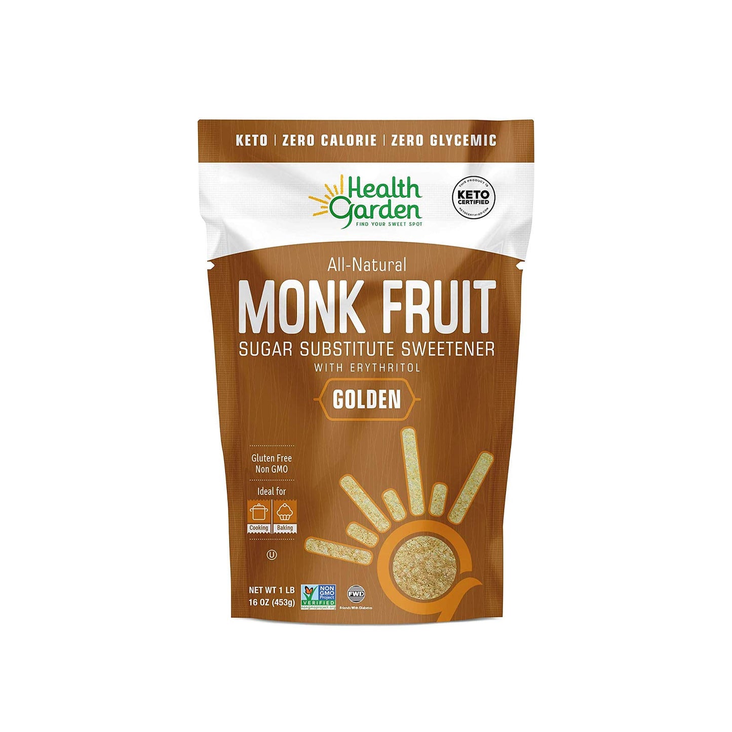 Health Garden Monk Fruit Sweetener, Golden - Non Gmo - Gluten Free - 1:1 Sugar Substitute - Kosher - Keto Friendly (1Lb 2-Pack)
