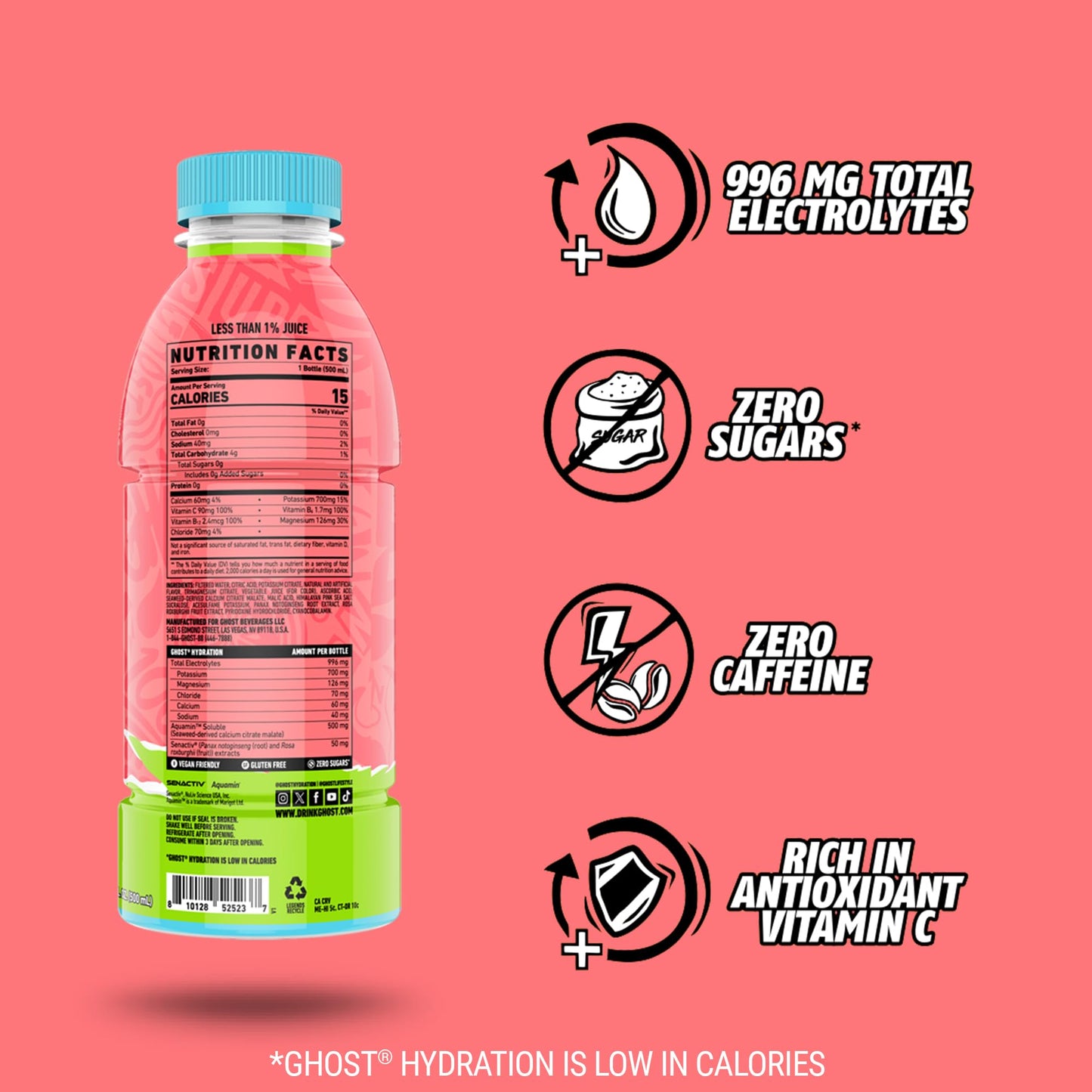 GHOST Hydration Drink, Kiwi Strawberry, Electrolytes, 16.9 Fl Oz, Pack of 12