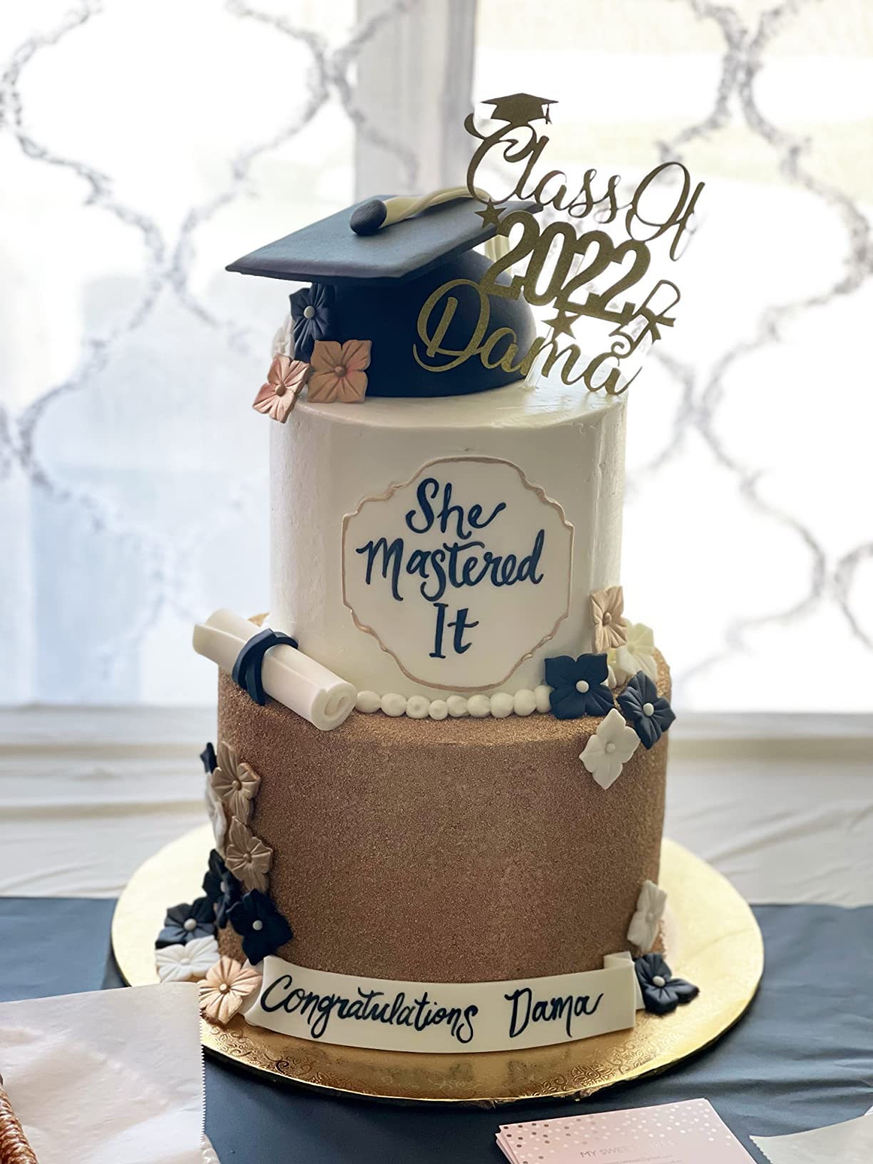 EDSG Personalized Cake Topper Custom Congrats Graduation Hat Double Sided Glitter Card Champagne Gold Class of 2025