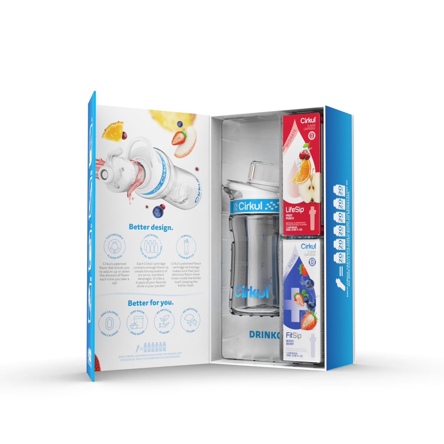 Cirkul 12oz. BPA-Free Plastic Water Bottle Starter Kit with Blue Lid, 2 Flavor Cartridges (1 LifeSip Fruit Punch and 1 FitSip Mi