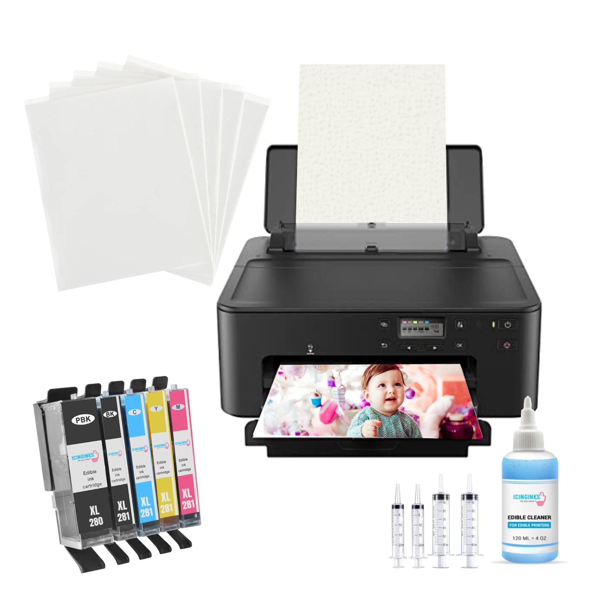 Icinginks Latest Cake Topper Image Printer Package  25 Wafer Papers  12 Sugar Sheets  Set of project pieces  Printhead Flush Cleaning Kit Pro Bundle System