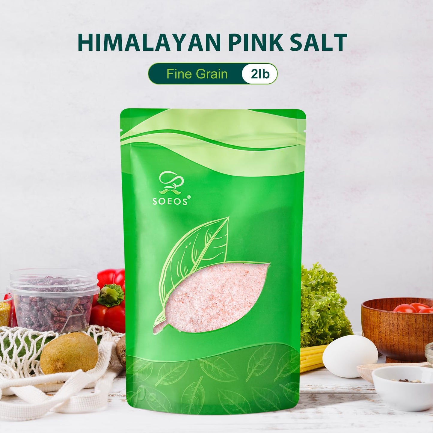 Soeos Himalayan Pink Salt, Fine Grain, 2 Lbs (32 oz), Non-GMO, Pink Himalayan Sea Salt, Kosher Salt, Rock Salt for Grinder Refil