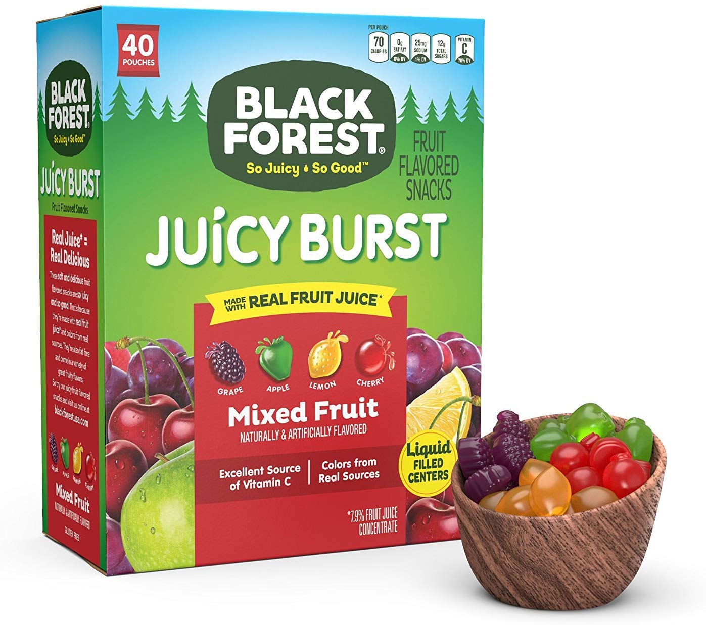 Black Forest Fruit Snacks Juicy Bursts, Mixed Fruit, 0.8-Ounce Bag, Pack of 80