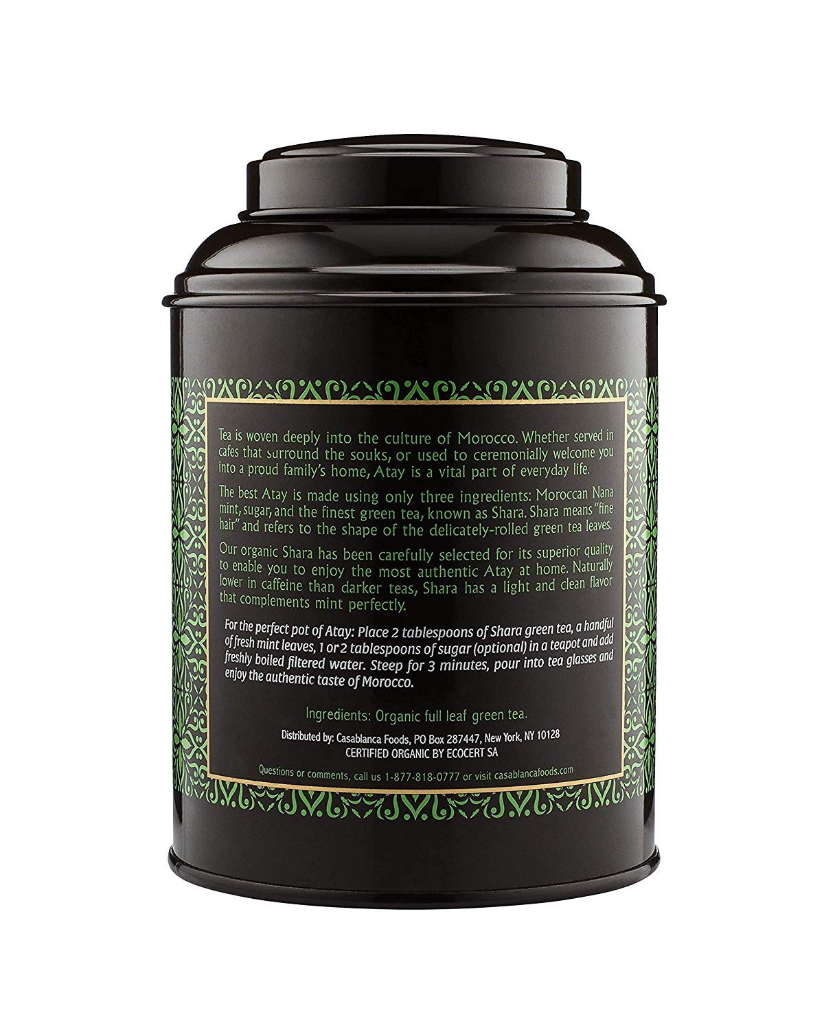Mina Shara Organic Full Leaf Green Tea In Reusable Tin, 4.2 Oz - Moroccan Loose Leaf Green Tea, For Refreshing Moroccan Mint Green Tea, Moroccan Mint Tea Ceremony