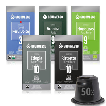Gourmesso Espresso Pods Variety Pack, 50ct, Compatible with Originalline Machines, Fair Trade & Organic, Dark, Medium & Light Roast