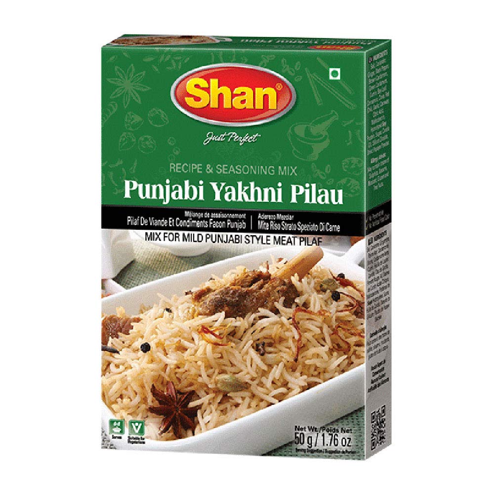 Shan Punjabi Yakhni Pilau Recipe And Seasoning Mix 1.76 Oz (50G) - Spice Powder For Mild Punjabi Style Meat Pilaf - Suitable For Vegetarians - Airtight Bag In A Box