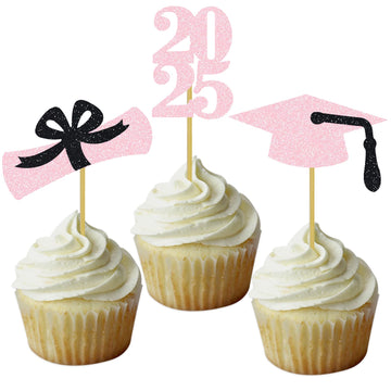 DOMOO OF DREAMS Graduation Cupcake Toppers Grad Party Decoration Food Picks Congrats Glitter Diploma Cap School Colors Supplies 