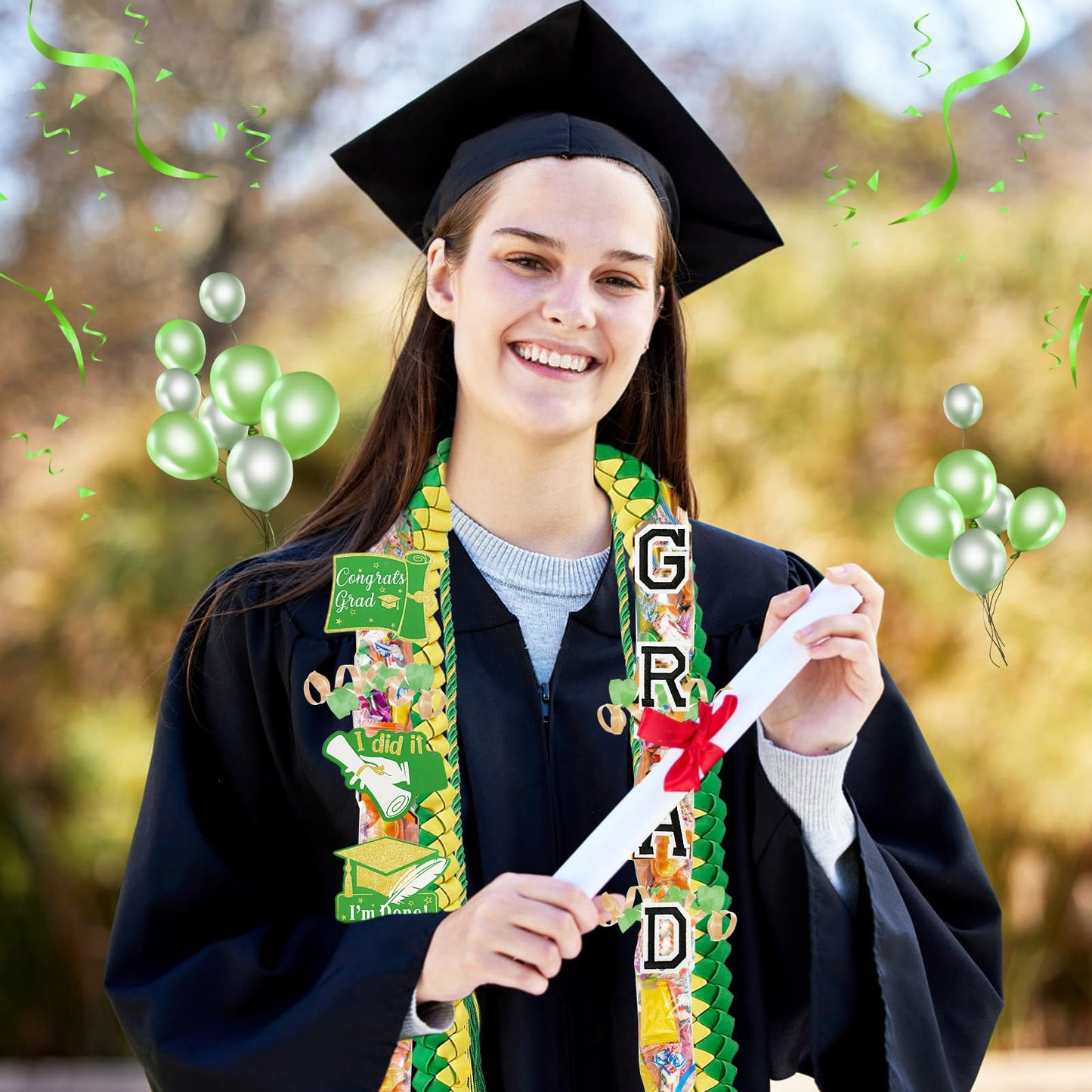 TKNOUS Graduation Ribbon Leis Kit, 10 Pcs Green Gold Candy Lei with Honor Cord, Class of 2025, Polyester, Model Lei-G