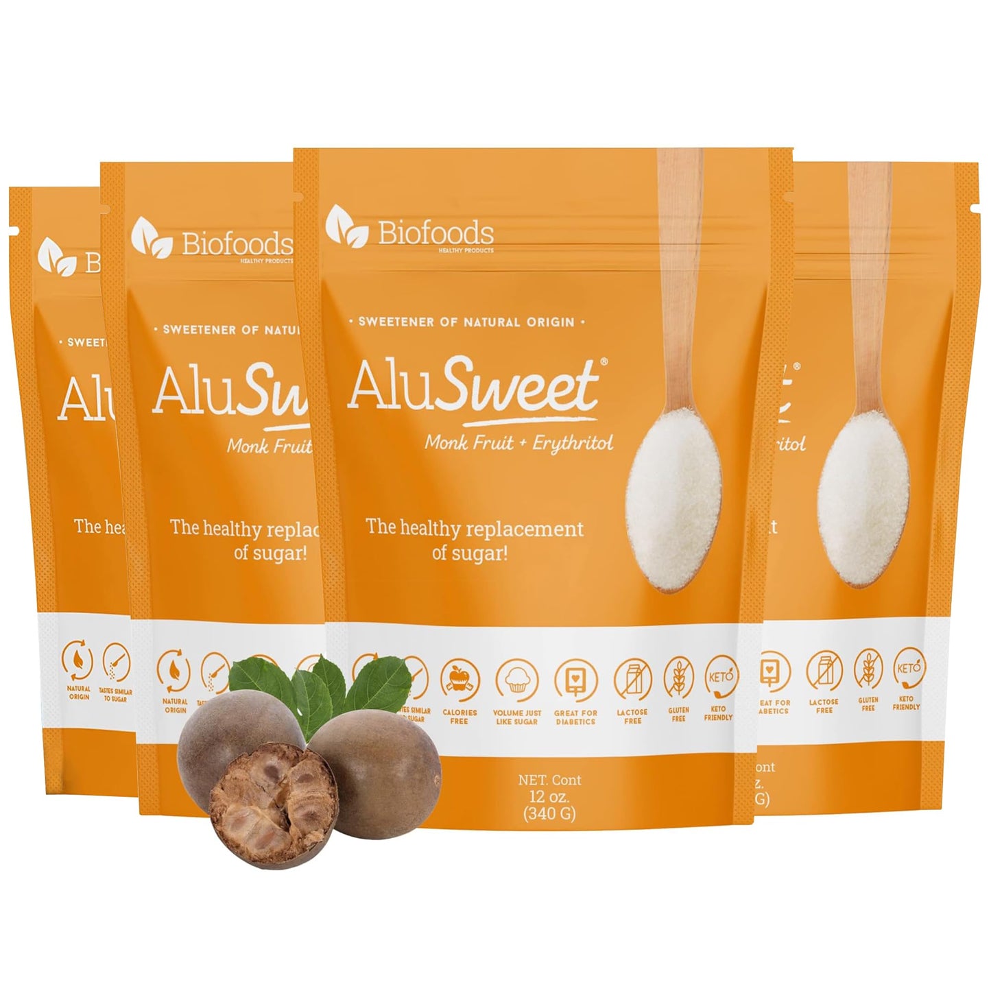 Biofoods Alusweet Monk Fruit Sweetener - Zero Calorie, Keto-Friendly, Organic - 48 oz Sugar Substitute, Gluten-Free for Baking & Drinks