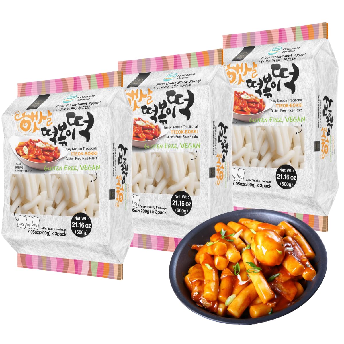 UNHAS ASIAN SNACK BOX Korean Rice Cake Tteokbokki Stick, Vegan, Non-GMO, Gluten Free, 21.16 oz, 3 Pack, White