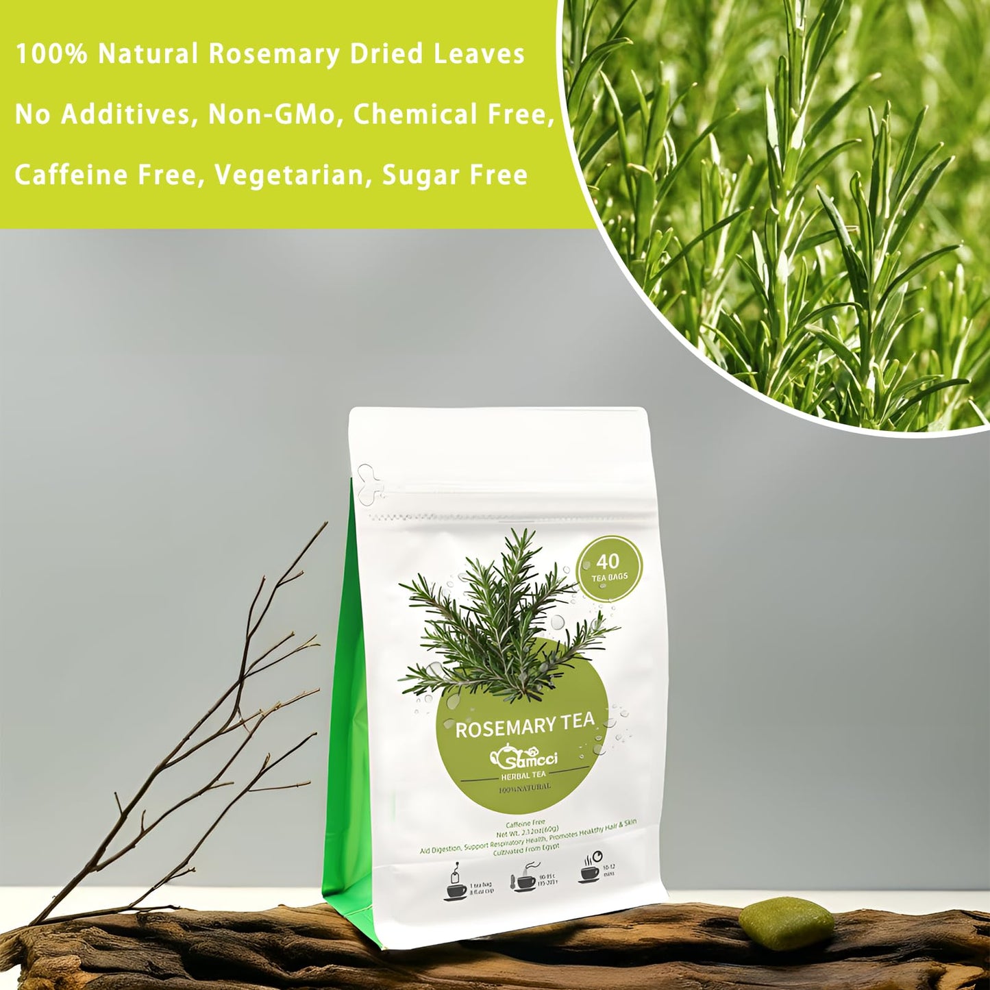 SAMCCI Rosemary Tea Bags - Pure Dried Leaves, Caffeine-Free, Non-GMO, 40 Count