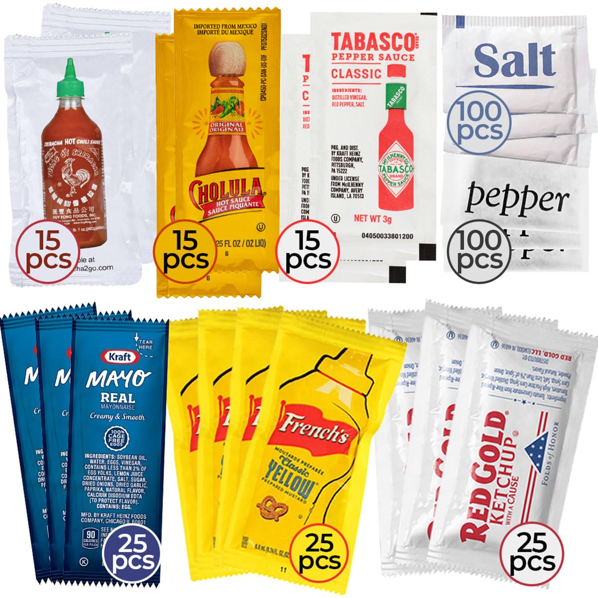 Condiment and Hot Sauce Packets Variety Pack - 325-ct Single Serve Ketchup Packs  Mayo and Mustard & Salsa Picante S w/Tabasco Pepper Sauce  Spicy Sriracha & Mini Mexican Hot Sauce Packets