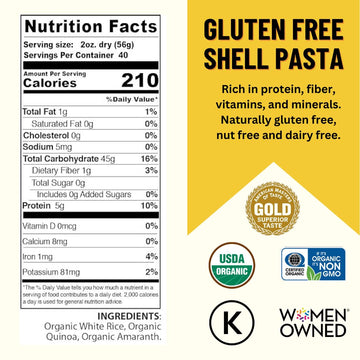 Mountain High Organics Gluten Free Organic Quinoa Pasta, Shells - 5lb Bag
