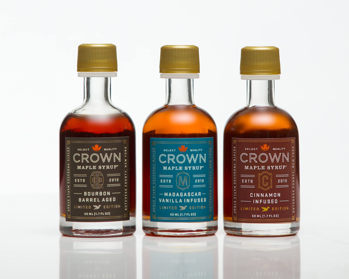 Crown Maple Artisan Trio Collection - spirit-inspired flavor Barrel Aged, Madagascar Vanilla, Cinnamon Infused Organic Maple Syrup, 50ML (1.7 Fl Oz)