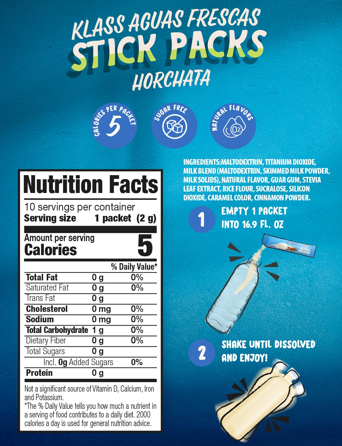 Klass Aguas Frescas | Drink Mix Packets | Horchata Flavored | Sugar Free On-The-Go Packets  Low Calorie (40 Count Powder Stick Packs)