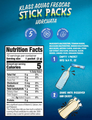 Klass Aguas Frescas | Drink Mix Packets | Horchata Flavored | Sugar Free On-The-Go Packets  Low Calorie (40 Count Powder Stick Packs)