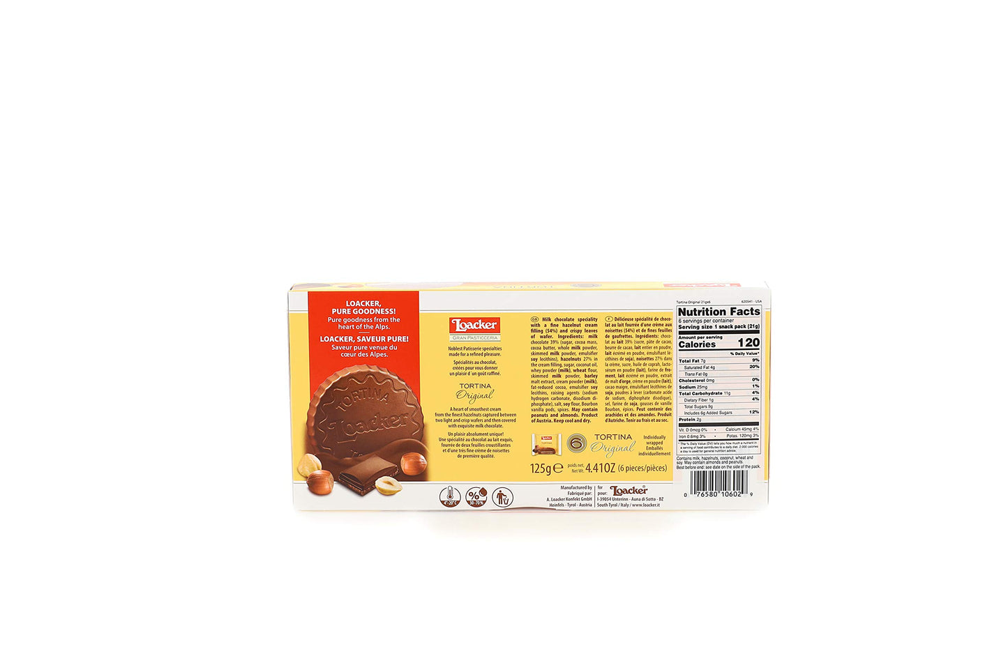 Loacker Tortina Premium Chocolate Coated Wafer, Original 125G/4.41 Oz.