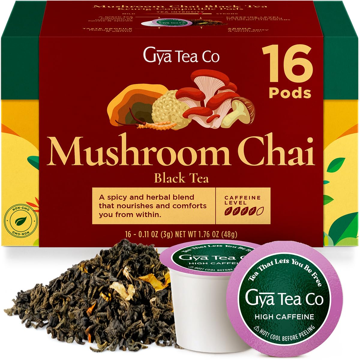 Gya Tea Co Caffeinated Mushroom Chai Black Tea Pod (16 Count) - Smooth, Flavourful, Robust, Enjoy Hot Or Iced