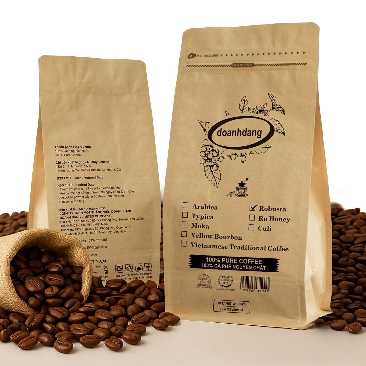 Doanhdang - 17.6 Oz Enhanced Robusta Whole Bean Coffee, 100% Robusta Medium Roast, Rich Flavor For Espresso Shot And Brew, Origin From Vietnam, Whole Med Roast Beans