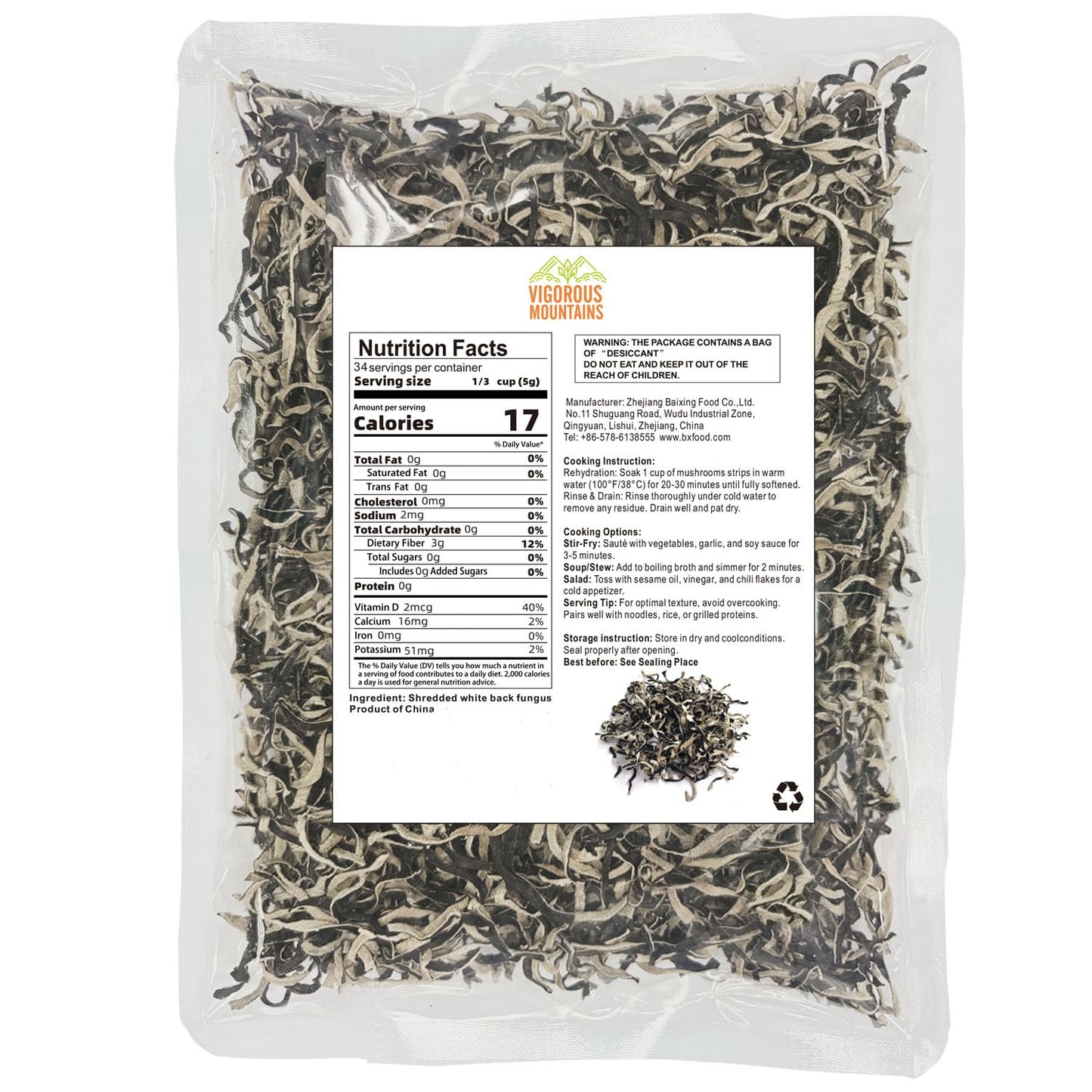 VIGOROUS MOUNTAINS Shredded Dried Woodear Mushrooms  Natural & No Additives  Rich in Fiber & Iron - 6oz (170g) - Perfect for Asian Cuisine  Soups  Stir-Fries & Hot Pot