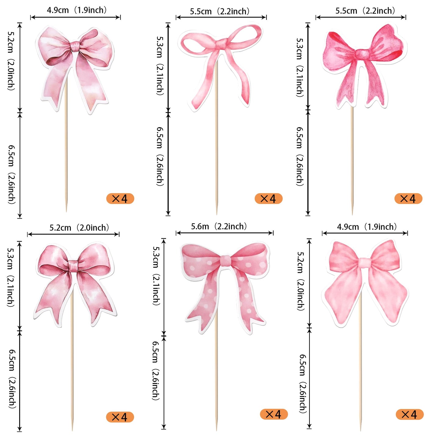YCTHUNFISH Pink Bow Cupcake Toppers - 36 Pack Paper Picks for Wedding, Bridal Shower, Birthday Party Decorations